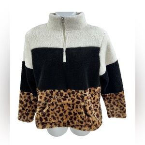 Le Moda Womens Lg Teddy Leopard Pullover Colorblock Fleece Kangaroo Pouch Boho